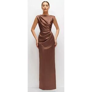 After Six NWT Brown High Neck Sleeveless Cap Shoulder Satin Maxi Dress Formal M